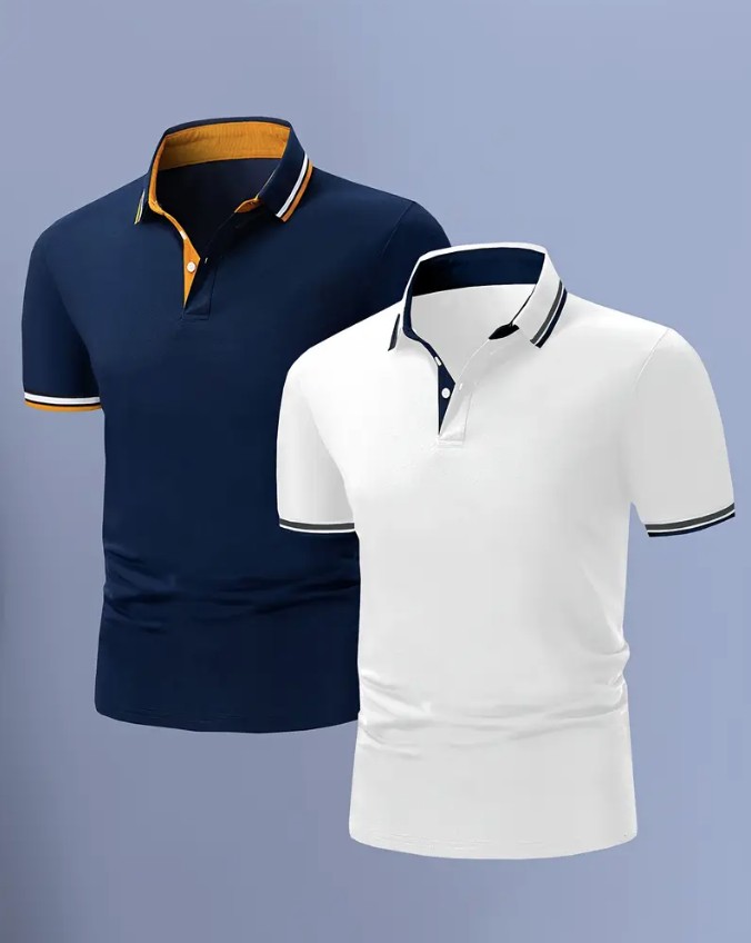 2pcs Men's Short-Sleeve Shirts with Contrast Collars